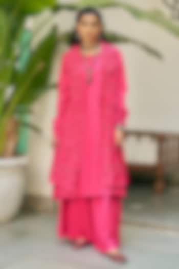 Fuchsia Pink Pure Modal Silk Hand Embroidered Jacket Set by Vidushi Gupta at Pernia's Pop Up Shop