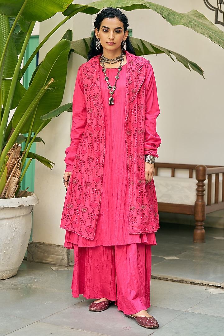 Fuchsia Pink Pure Modal Silk Hand Embroidered Jacket Set by Vidushi Gupta at Pernia's Pop Up Shop