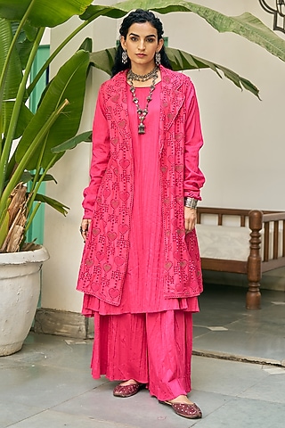 Fuchsia Pink Pure Modal Silk Hand Embroidered Jacket Set by Vidushi Gupta