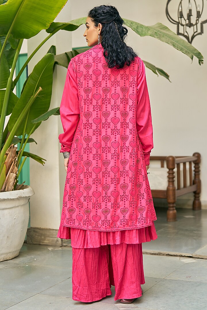 Fuchsia Pink Pure Modal Silk Hand Embroidered Jacket Set by Vidushi Gupta at Pernia's Pop Up Shop