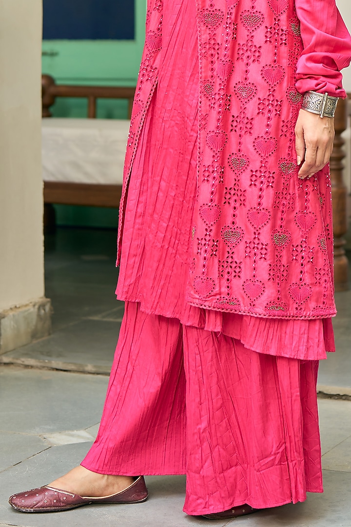 Fuchsia Pink Pure Modal Silk Hand Embroidered Jacket Set by Vidushi Gupta at Pernia's Pop Up Shop