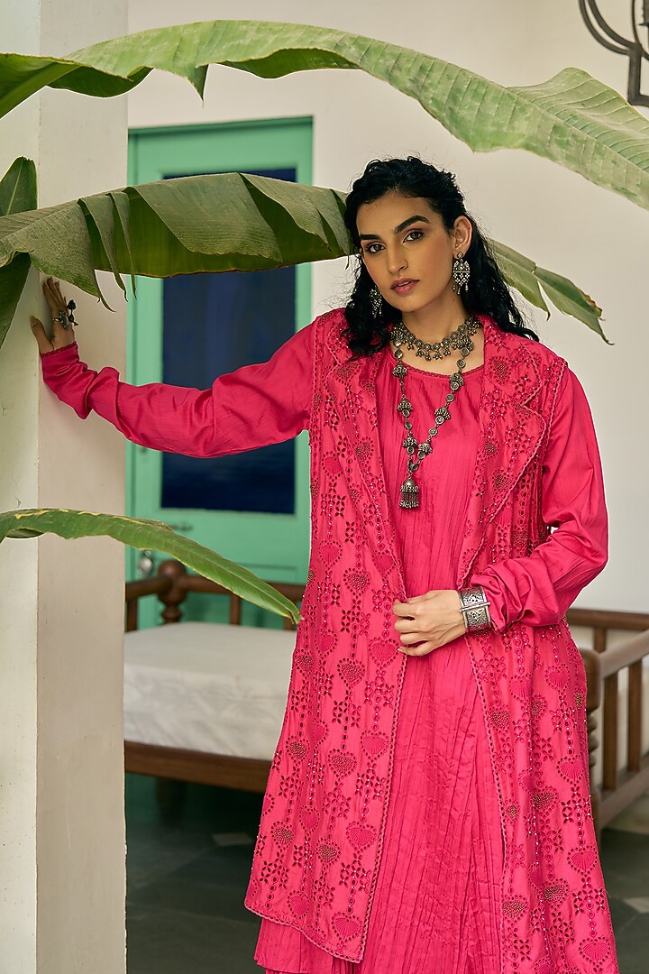 Fuchsia Pink Pure Modal Silk Hand Embroidered Jacket Set by Vidushi Gupta at Pernia's Pop Up Shop