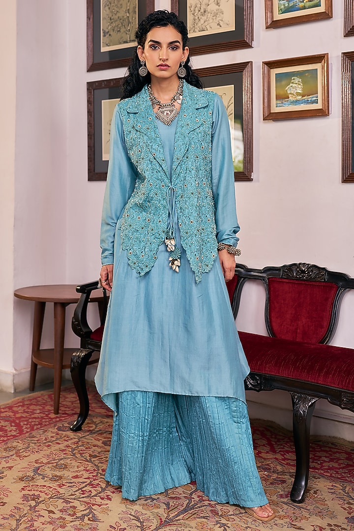 Blush Blue Pure Modal Silk & Pure Cotton Silk Embellished Jacket Set by Vidushi Gupta at Pernia's Pop Up Shop