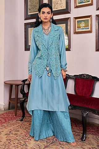 Blush Blue Pure Modal Silk & Pure Cotton Silk Embellished Jacket Set by Vidushi Gupta