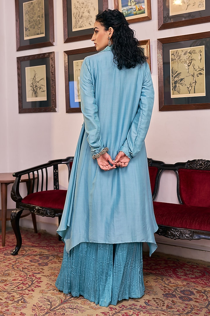 Blush Blue Pure Modal Silk & Pure Cotton Silk Embellished Jacket Set by Vidushi Gupta at Pernia's Pop Up Shop