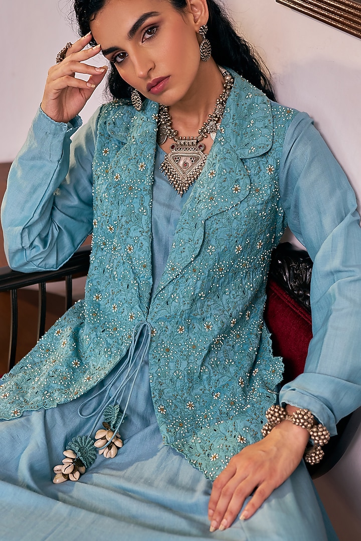 Blush Blue Pure Modal Silk & Pure Cotton Silk Embellished Jacket Set by Vidushi Gupta at Pernia's Pop Up Shop