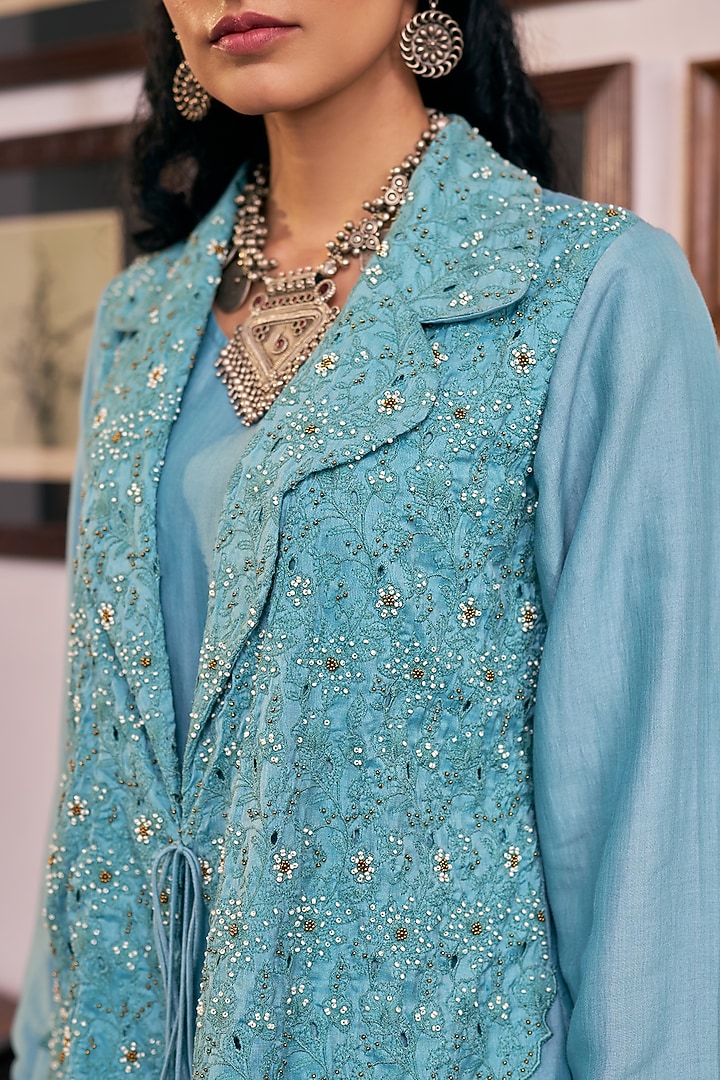 Blush Blue Pure Modal Silk & Pure Cotton Silk Embellished Jacket Set by Vidushi Gupta at Pernia's Pop Up Shop