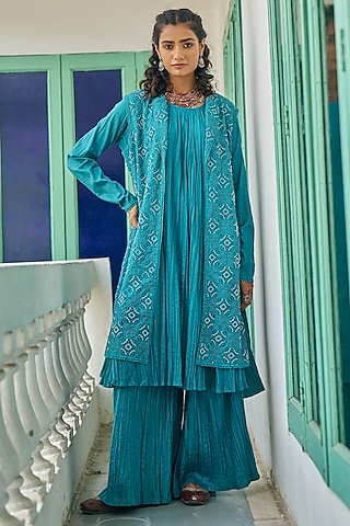 Teal Blue Pure Modal Silk & Pure Cotton Silk Embellished Jacket Set by Vidushi Gupta