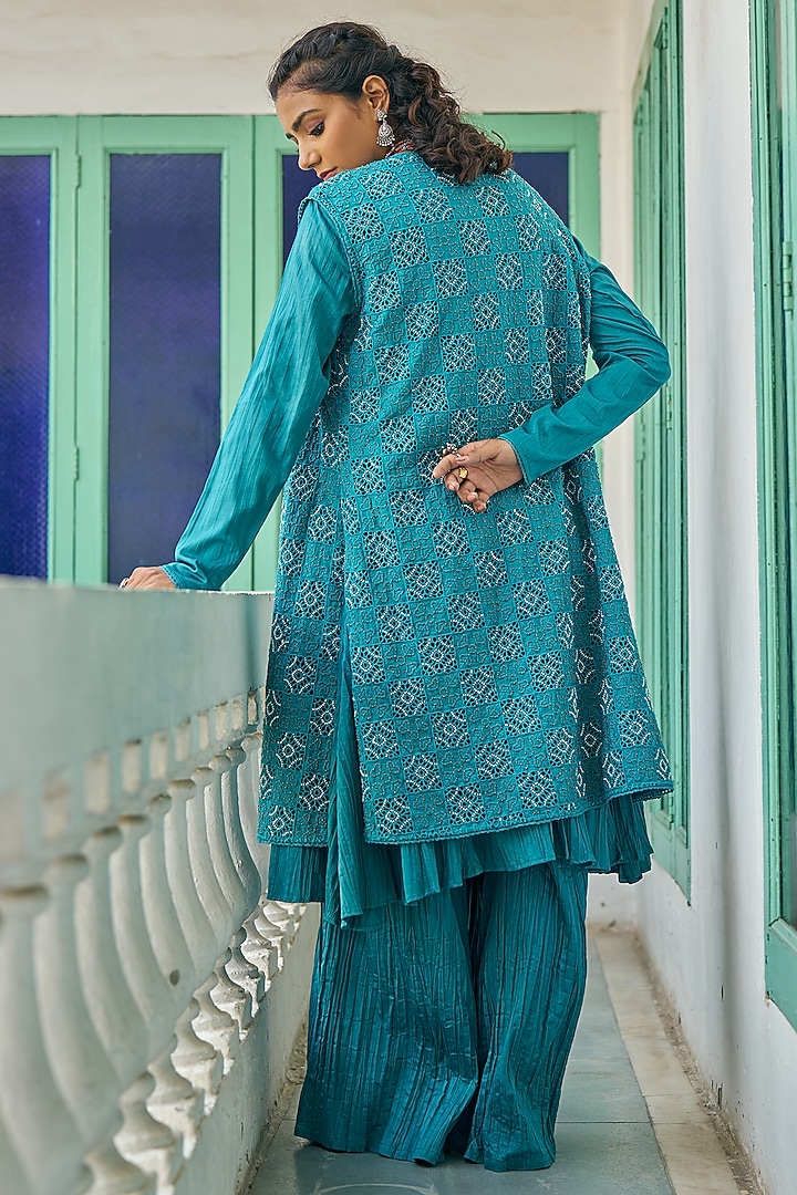 Teal Blue Pure Modal Silk & Pure Cotton Silk Embellished Jacket Set by Vidushi Gupta at Pernia's Pop Up Shop