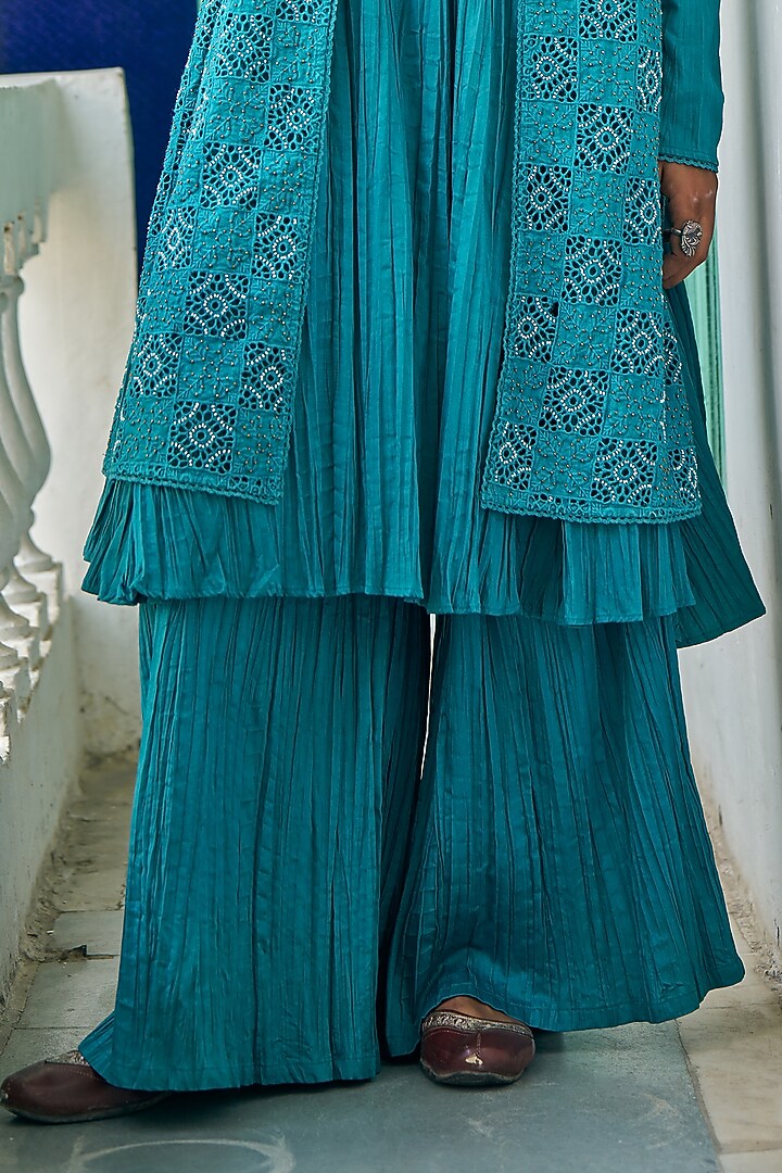 Teal Blue Pure Modal Silk & Pure Cotton Silk Embellished Jacket Set by Vidushi Gupta at Pernia's Pop Up Shop