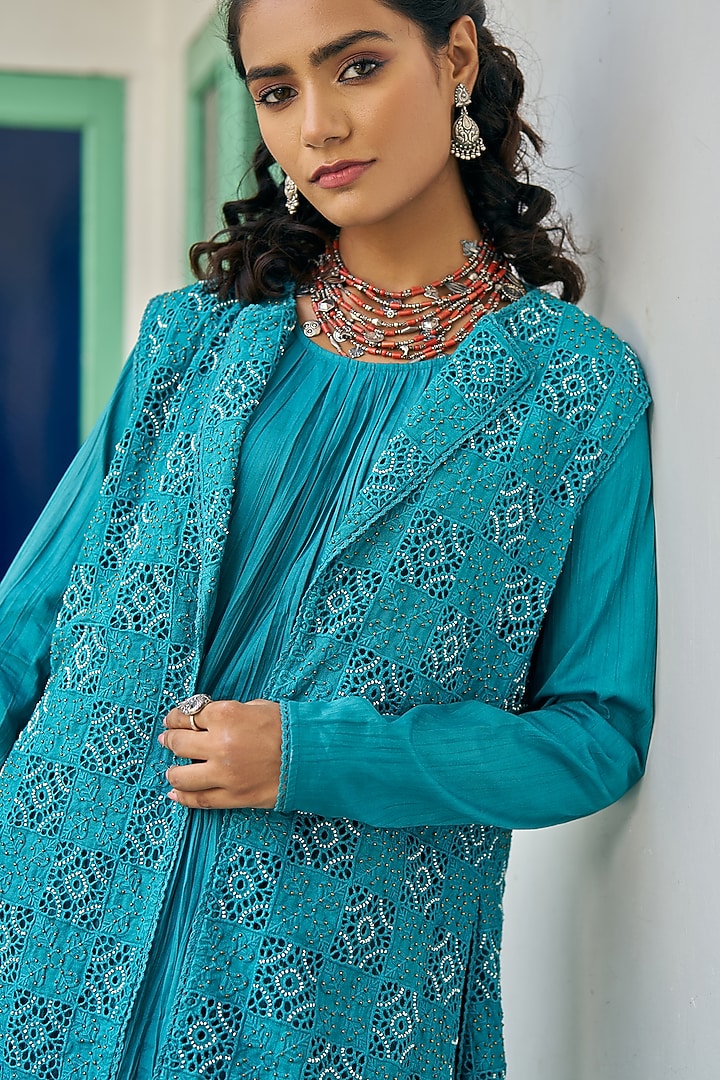 Teal Blue Pure Modal Silk & Pure Cotton Silk Embellished Jacket Set by Vidushi Gupta at Pernia's Pop Up Shop
