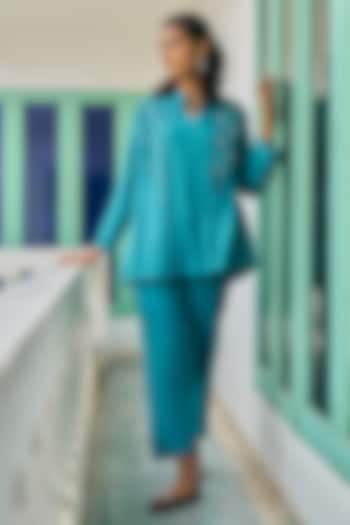 Teal Blue Pure Modal Silk & Pure Cotton Silk Embellished Jacket Set by Vidushi Gupta at Pernia's Pop Up Shop
