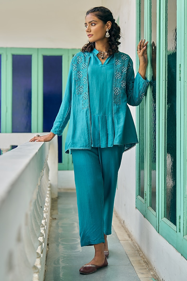 Teal Blue Pure Modal Silk & Pure Cotton Silk Embellished Jacket Set by Vidushi Gupta at Pernia's Pop Up Shop