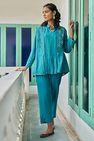 Teal Blue Pure Modal Silk & Pure Cotton Silk Embellished Jacket Set by Vidushi Gupta