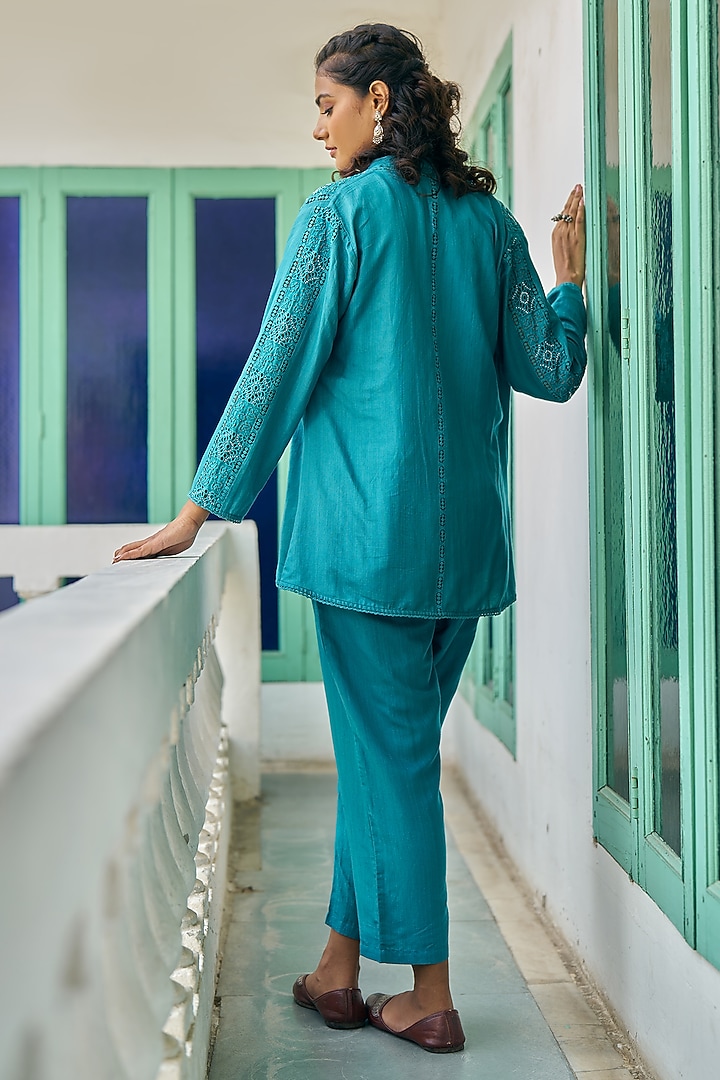 Teal Blue Pure Modal Silk & Pure Cotton Silk Embellished Jacket Set by Vidushi Gupta at Pernia's Pop Up Shop