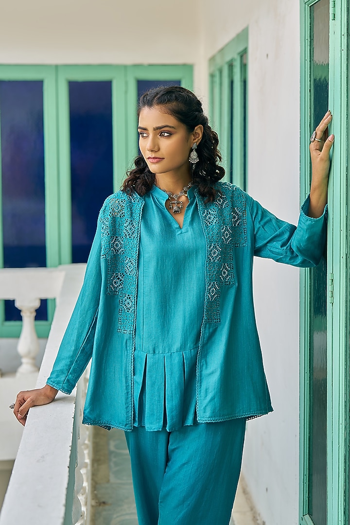 Teal Blue Pure Modal Silk & Pure Cotton Silk Embellished Jacket Set by Vidushi Gupta at Pernia's Pop Up Shop
