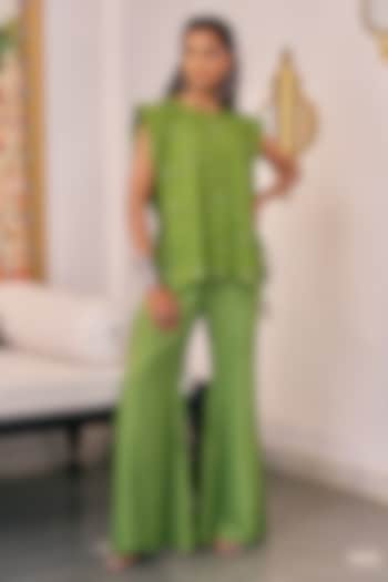 Pea Green Pure Modal Silk & Pure Cotton Silk Embellished Jacket Set by Vidushi Gupta at Pernia's Pop Up Shop