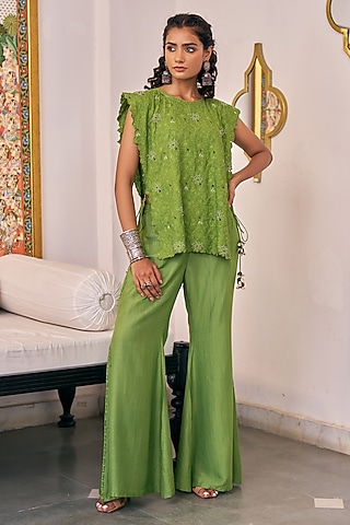 Pea Green Pure Modal Silk & Pure Cotton Silk Embellished Jacket Set by Vidushi Gupta