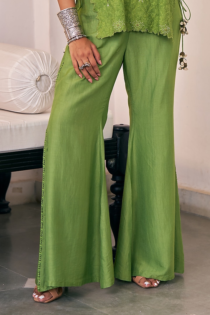 Pea Green Pure Modal Silk & Pure Cotton Silk Embellished Jacket Set by Vidushi Gupta at Pernia's Pop Up Shop