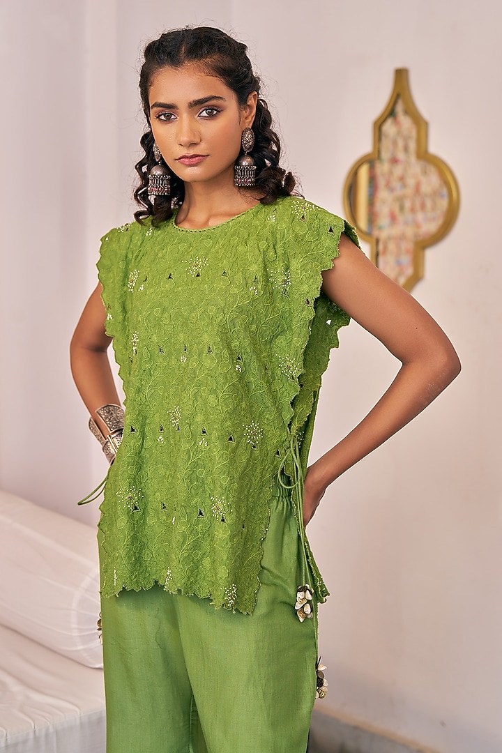 Pea Green Pure Modal Silk & Pure Cotton Silk Embellished Jacket Set by Vidushi Gupta at Pernia's Pop Up Shop