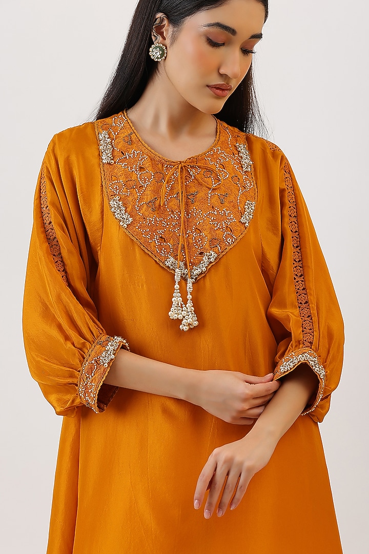 Mustard Pure Silk Floral Embroidered Layered Kurta Set by Vidushi Gupta at Pernia's Pop Up Shop