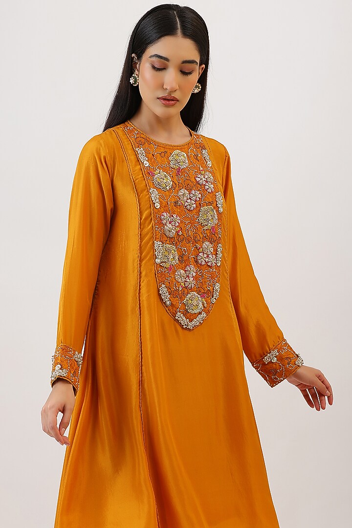 Mustard Pure Silk Botanical Embroidered A-Line Kurta Set by Vidushi Gupta at Pernia's Pop Up Shop
