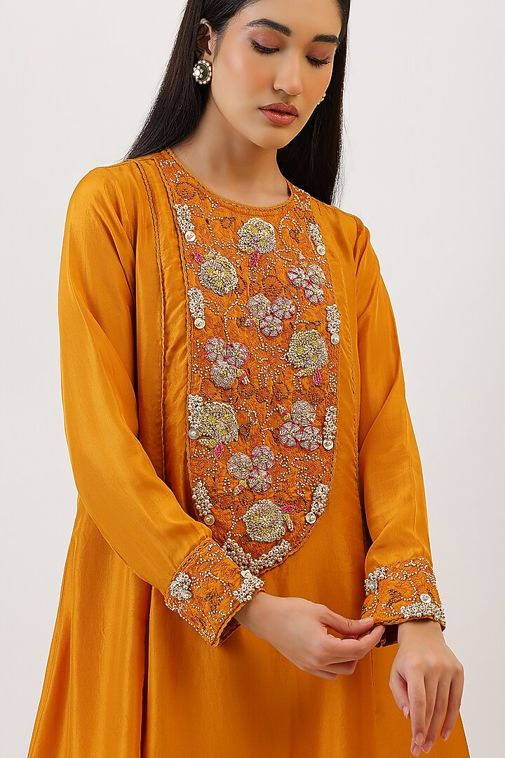 Mustard Pure Silk Botanical Embroidered A-Line Kurta Set by Vidushi Gupta at Pernia's Pop Up Shop