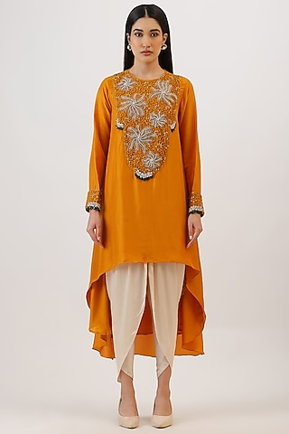 Mustard Pure Silk Asymmetrical Kurta Set by Vidushi Gupta