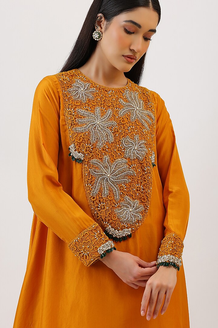 Mustard Pure Silk Asymmetrical Kurta Set by Vidushi Gupta at Pernia's Pop Up Shop