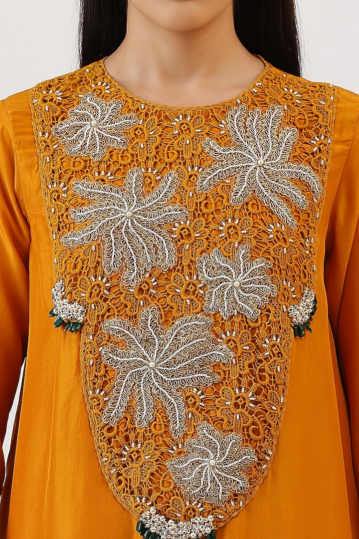 Mustard Pure Silk Asymmetrical Kurta Set by Vidushi Gupta at Pernia's Pop Up Shop