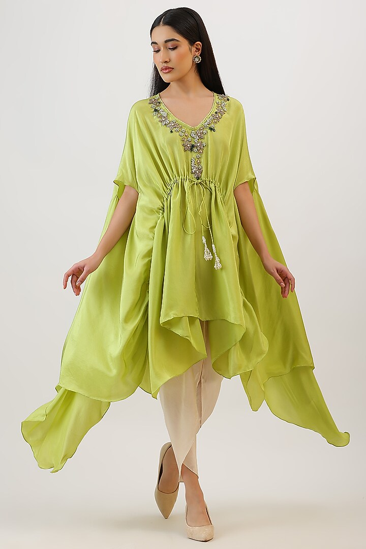 Green Pure Silk Floral Embroidered Cape Set by Vidushi Gupta at Pernia's Pop Up Shop