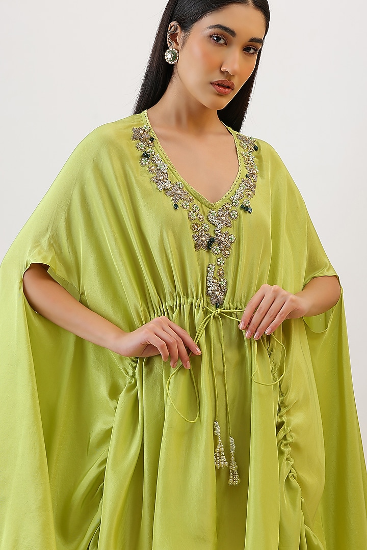 Green Pure Silk Floral Embroidered Cape Set by Vidushi Gupta at Pernia's Pop Up Shop