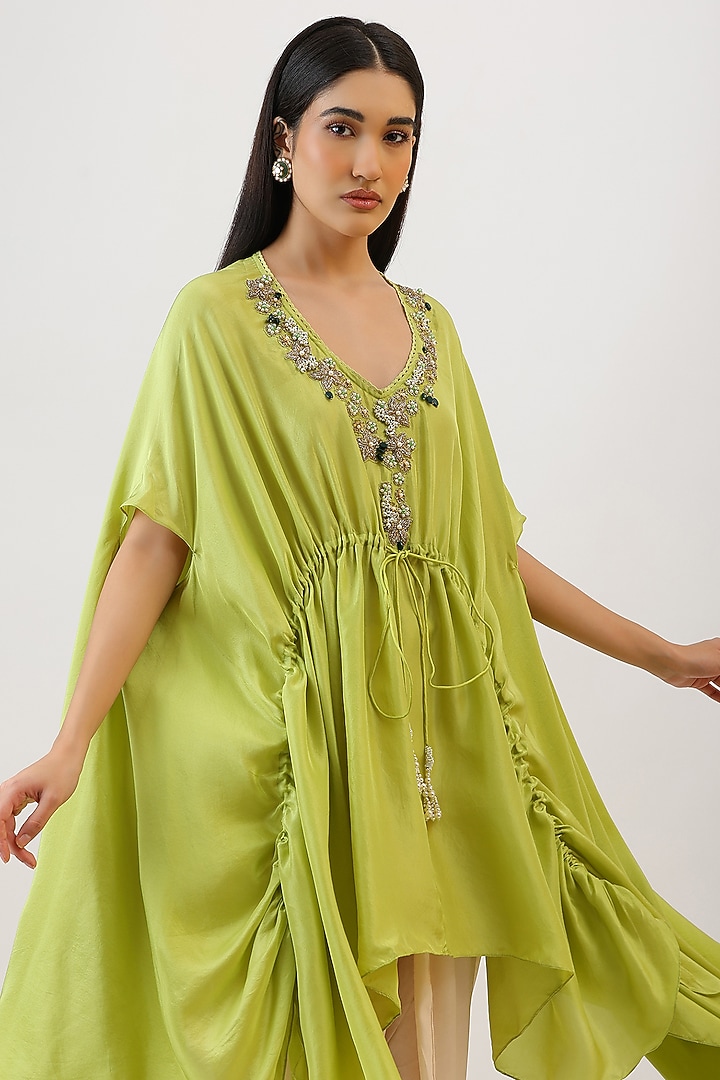 Green Pure Silk Floral Embroidered Cape Set by Vidushi Gupta at Pernia's Pop Up Shop