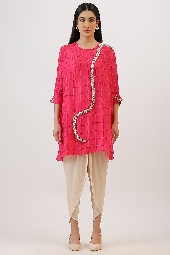 Fuchsia Pink Pure Silk Pearl Embroiderd Asymmetrical Kurta Set by Vidushi Gupta at Pernia's Pop Up Shop
