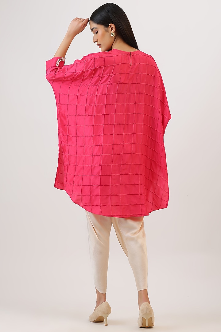 Fuchsia Pink Pure Silk Pearl Embroiderd Asymmetrical Kurta Set by Vidushi Gupta at Pernia's Pop Up Shop
