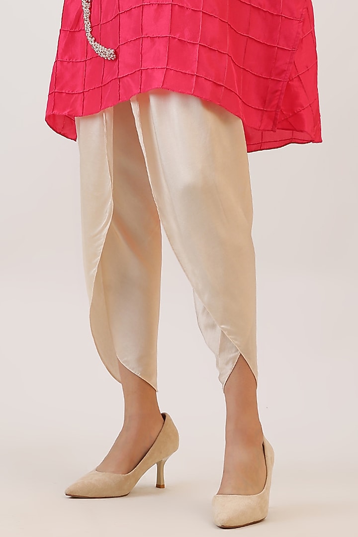 Fuchsia Pink Pure Silk Pearl Embroiderd Asymmetrical Kurta Set by Vidushi Gupta at Pernia's Pop Up Shop