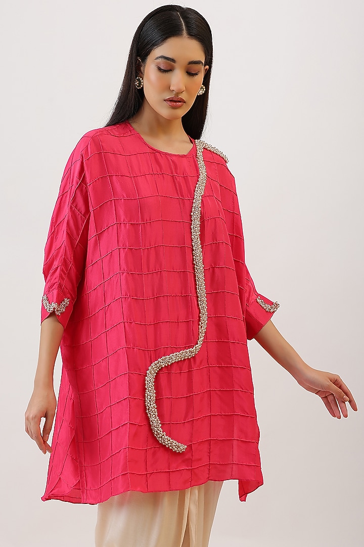 Fuchsia Pink Pure Silk Pearl Embroiderd Asymmetrical Kurta Set by Vidushi Gupta at Pernia's Pop Up Shop