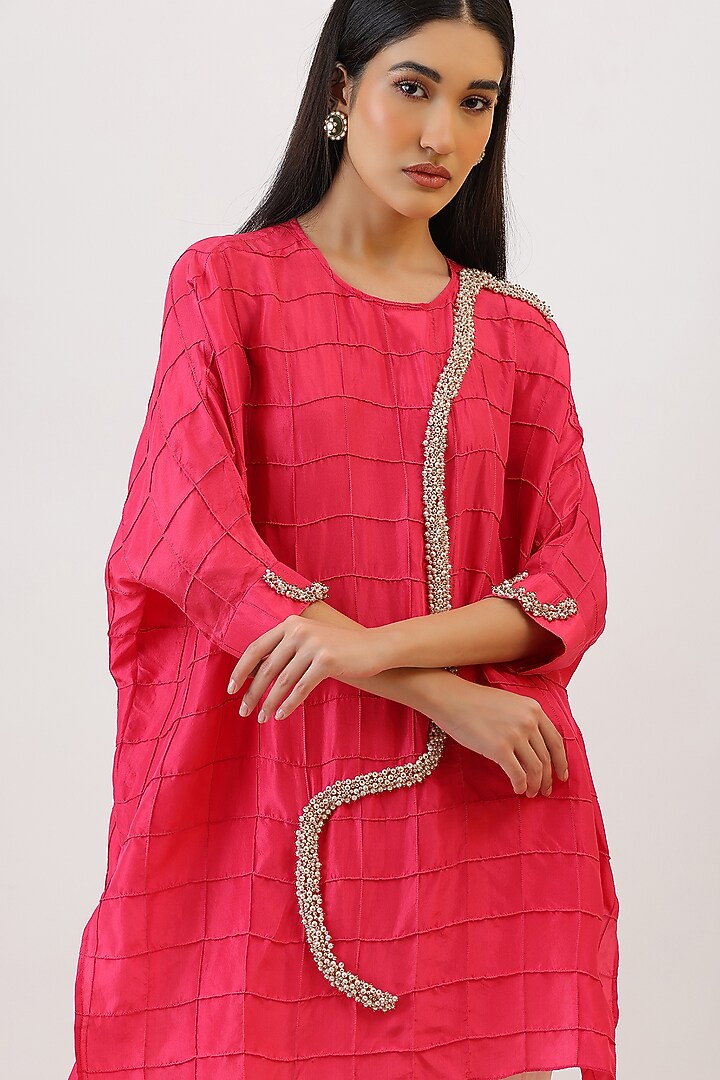 Fuchsia Pink Pure Silk Pearl Embroiderd Asymmetrical Kurta Set by Vidushi Gupta at Pernia's Pop Up Shop