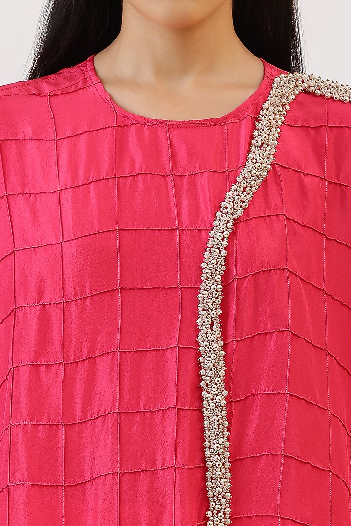 Fuchsia Pink Pure Silk Pearl Embroiderd Asymmetrical Kurta Set by Vidushi Gupta at Pernia's Pop Up Shop
