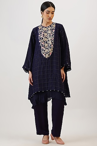 Aubergine Purple Pure Silk Zardosi Embroiderd Kurta Set by Vidushi Gupta