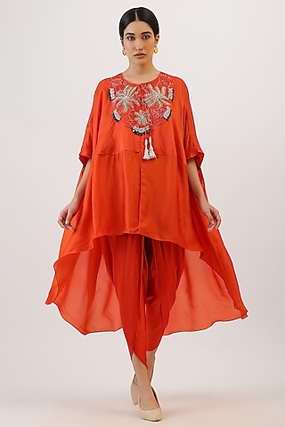 Tangerine Orange Pure Silk Floral Embroiderd Cape Set by Vidushi Gupta