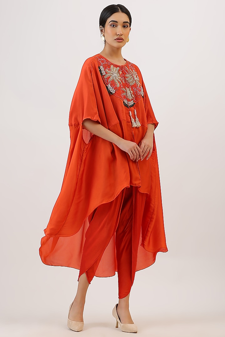 Tangerine Orange Pure Silk Floral Embroiderd Cape Set by Vidushi Gupta at Pernia's Pop Up Shop