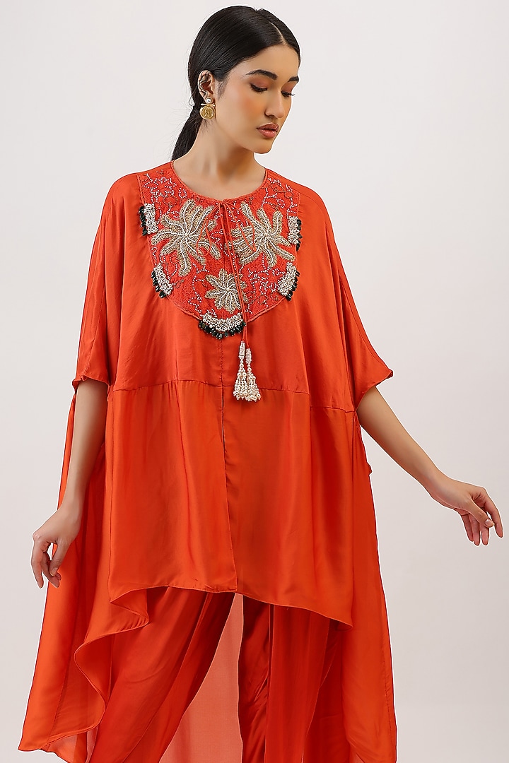Tangerine Orange Pure Silk Floral Embroiderd Cape Set by Vidushi Gupta at Pernia's Pop Up Shop