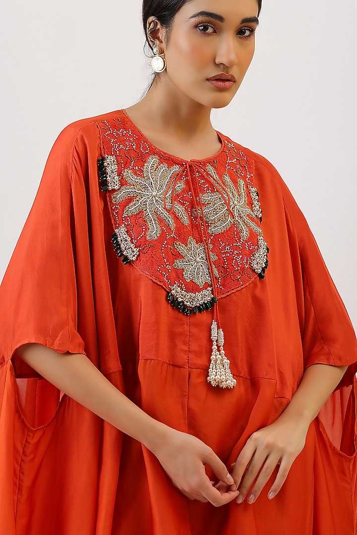 Tangerine Orange Pure Silk Floral Embroiderd Cape Set by Vidushi Gupta at Pernia's Pop Up Shop