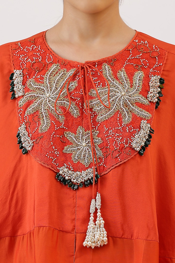 Tangerine Orange Pure Silk Floral Embroiderd Cape Set by Vidushi Gupta at Pernia's Pop Up Shop