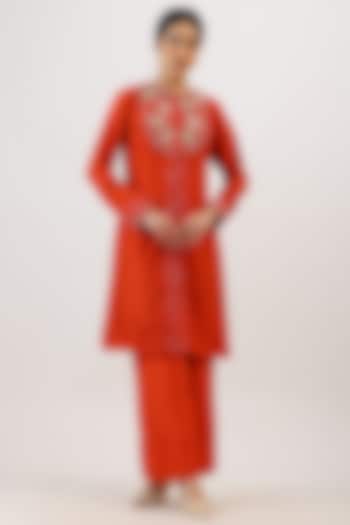Tangerine Orange Pure Silk Botanical Embroiderd Kurta Set by Vidushi Gupta at Pernia's Pop Up Shop
