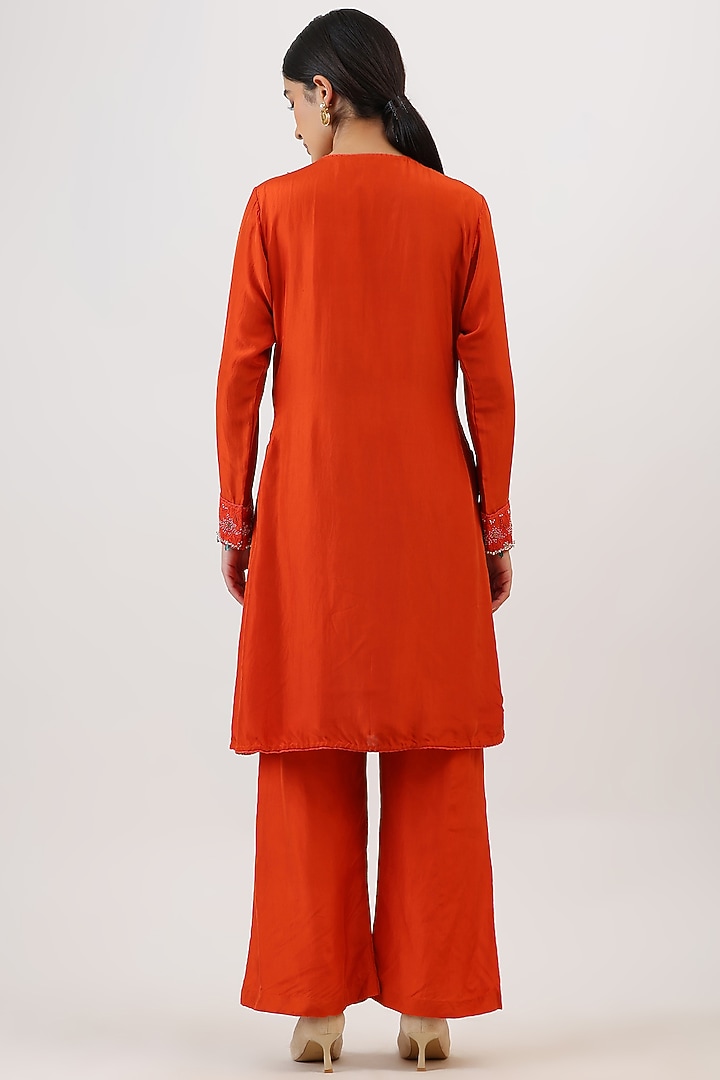 Tangerine Orange Pure Silk Botanical Embroiderd Kurta Set by Vidushi Gupta at Pernia's Pop Up Shop