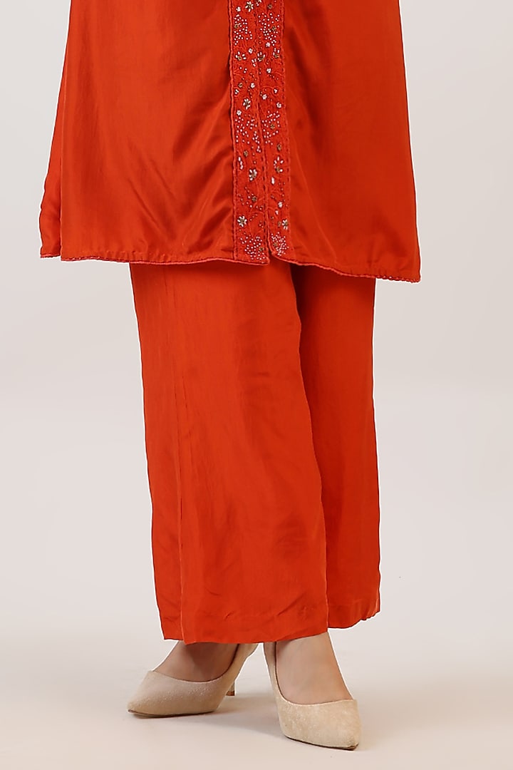 Tangerine Orange Pure Silk Botanical Embroiderd Kurta Set by Vidushi Gupta at Pernia's Pop Up Shop
