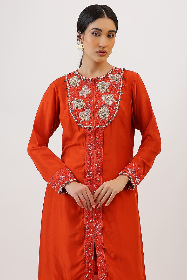 Tangerine Orange Pure Silk Botanical Embroiderd Kurta Set by Vidushi Gupta at Pernia's Pop Up Shop