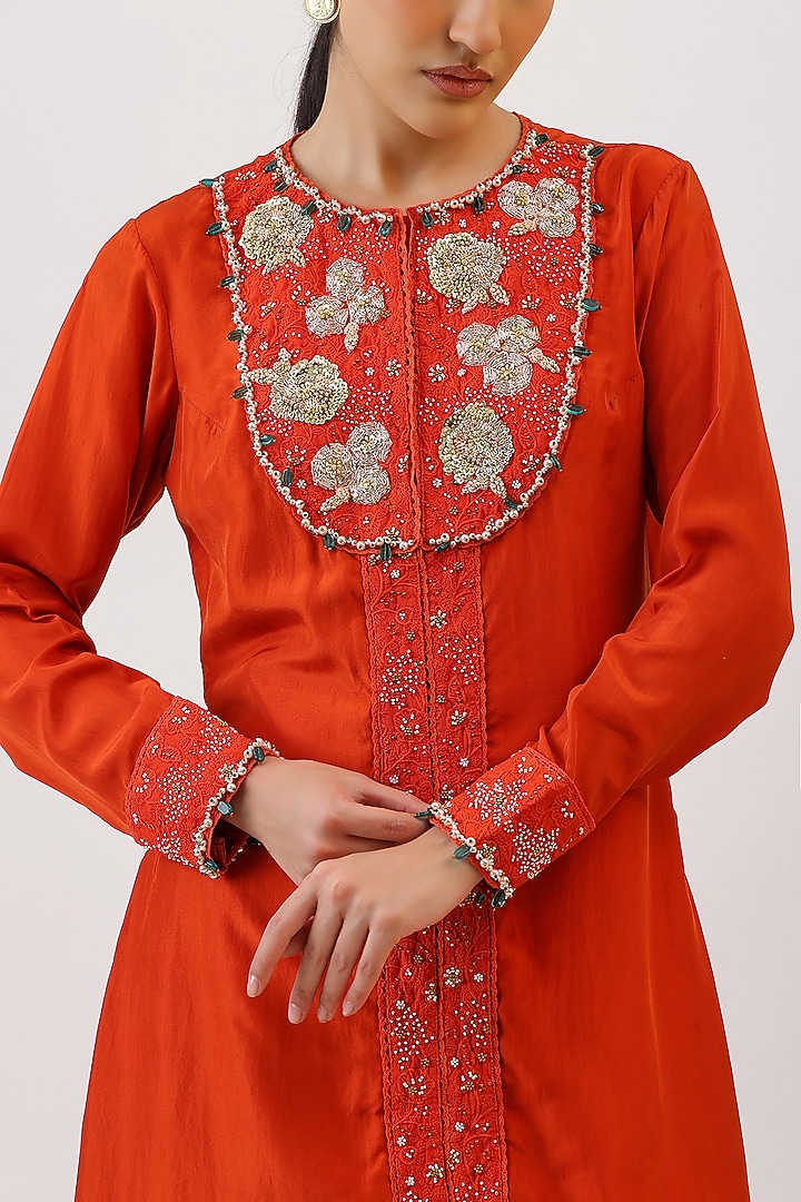 Tangerine Orange Pure Silk Botanical Embroiderd Kurta Set by Vidushi Gupta at Pernia's Pop Up Shop